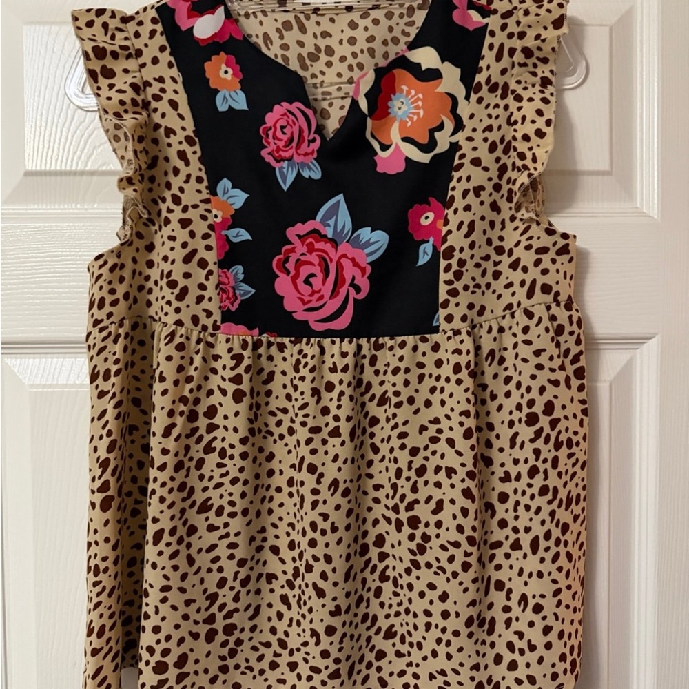 SHEIN Leopard Print Floral Colorblock Blouse Size S
